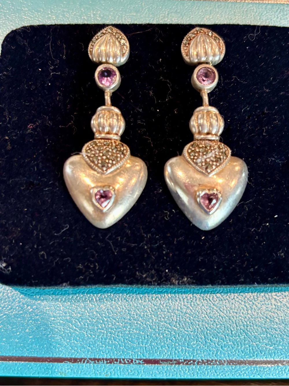 Vintage 925 Sterling Silver Amethyst Marcasite Heart Dangle Drop Earrings